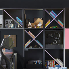 Filler for shelf - X shape with black body and pink & blue edges