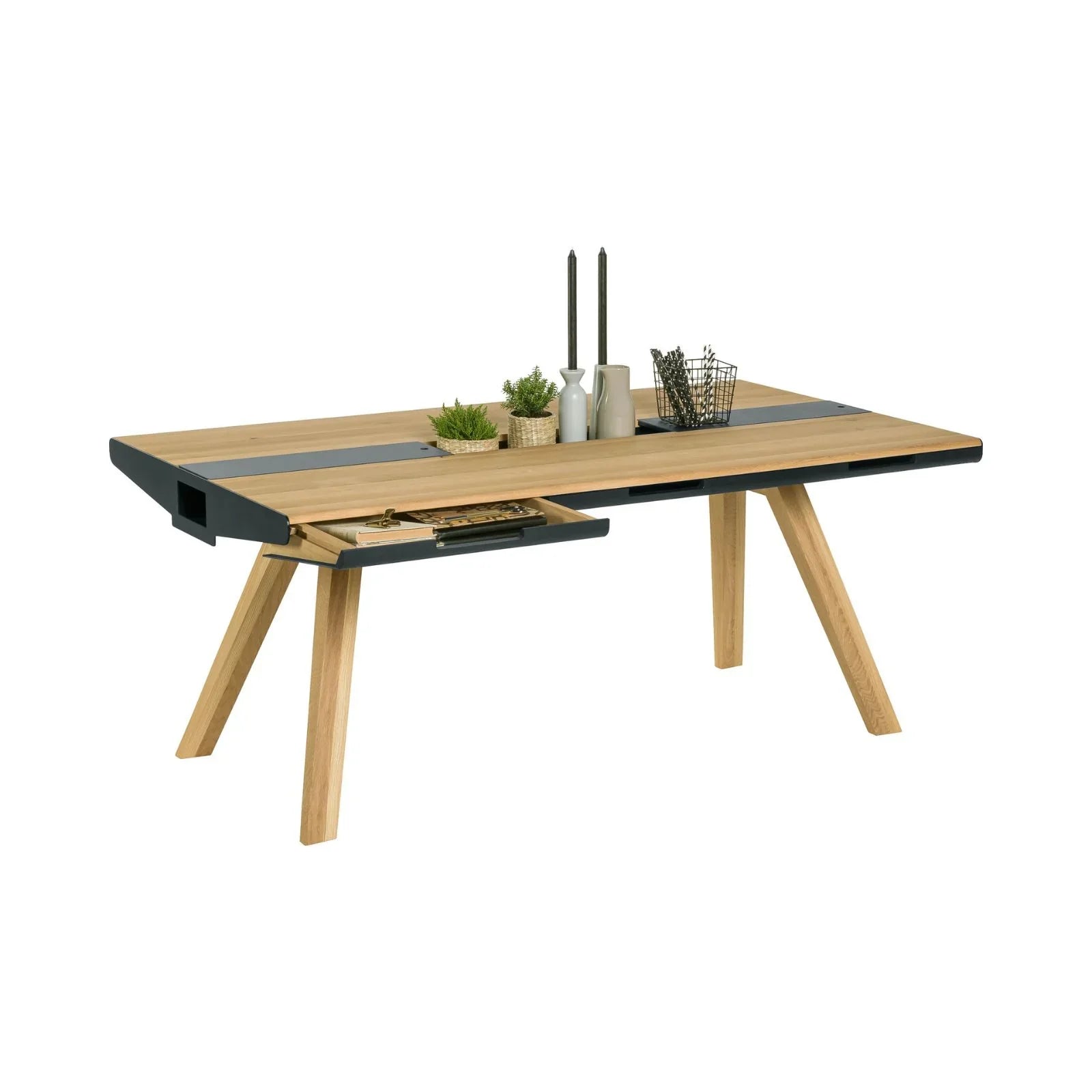 6 Seater Dining Table With 6 Drawers In Oak & Black Color