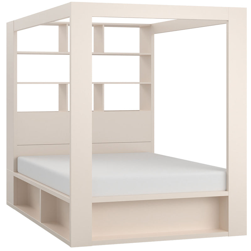 Modern VOX furniture canopy bed 160x200cm in a minimalist bedroom setting, premium four-poster queen bed frame available for delivery in Dubai and Abu Dhabi.