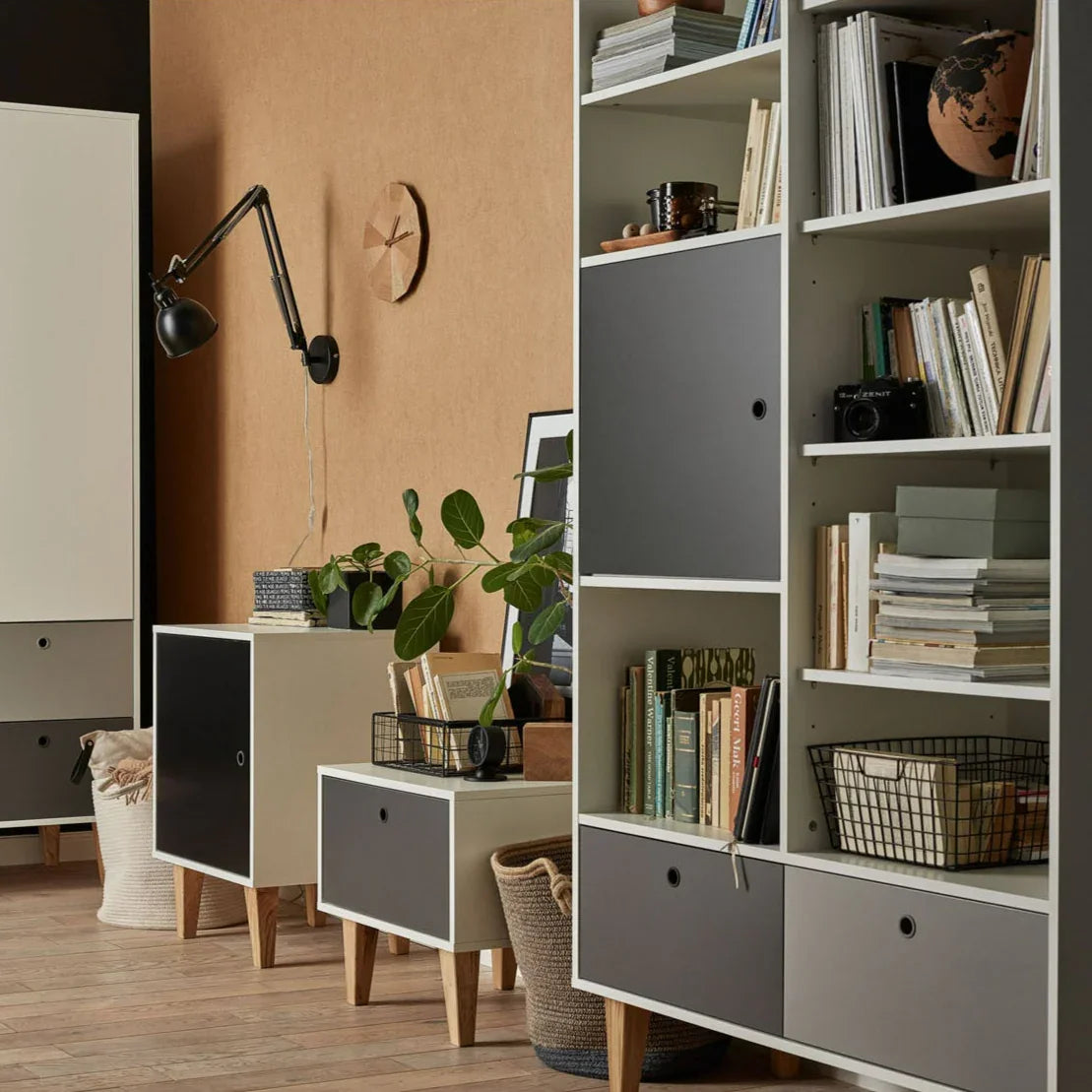 Modern white and oak Concept Bookcase with adjustable shelves and silicone handles for teen bedroom in Dubai.