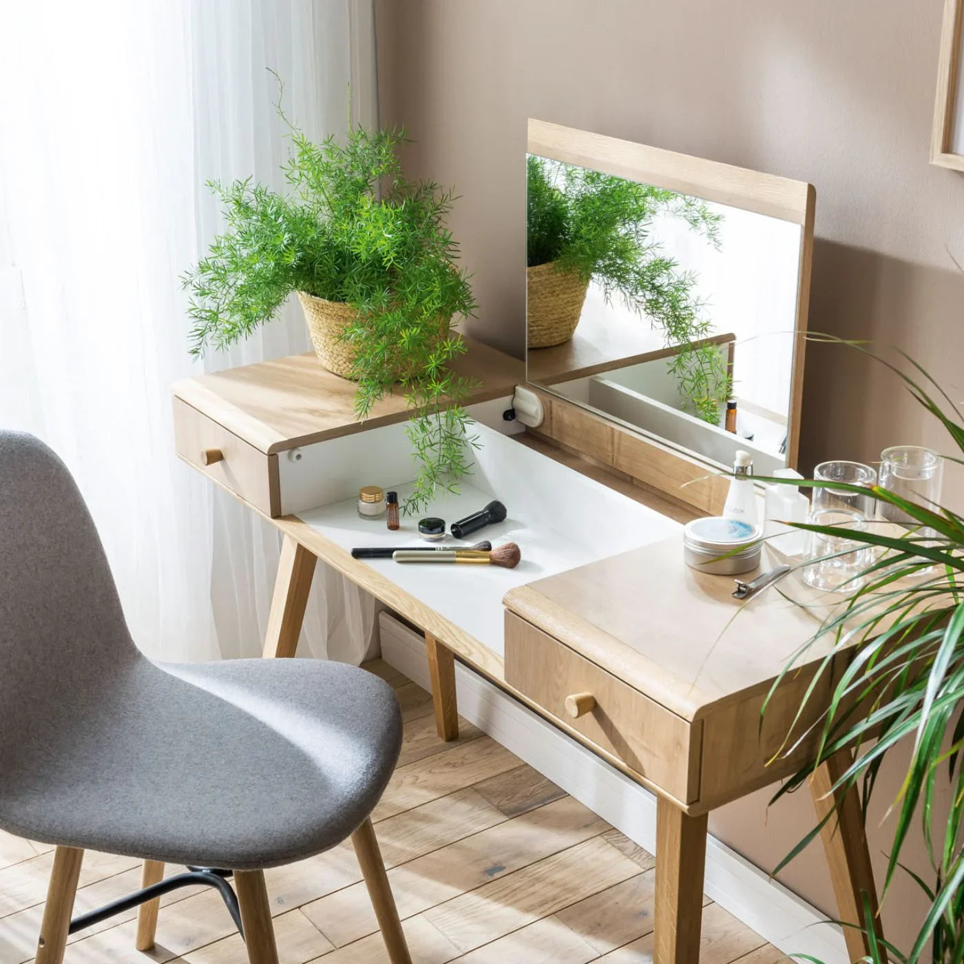 Dressing Table With Foldable Mirror And 2 Drawers in Oak Color