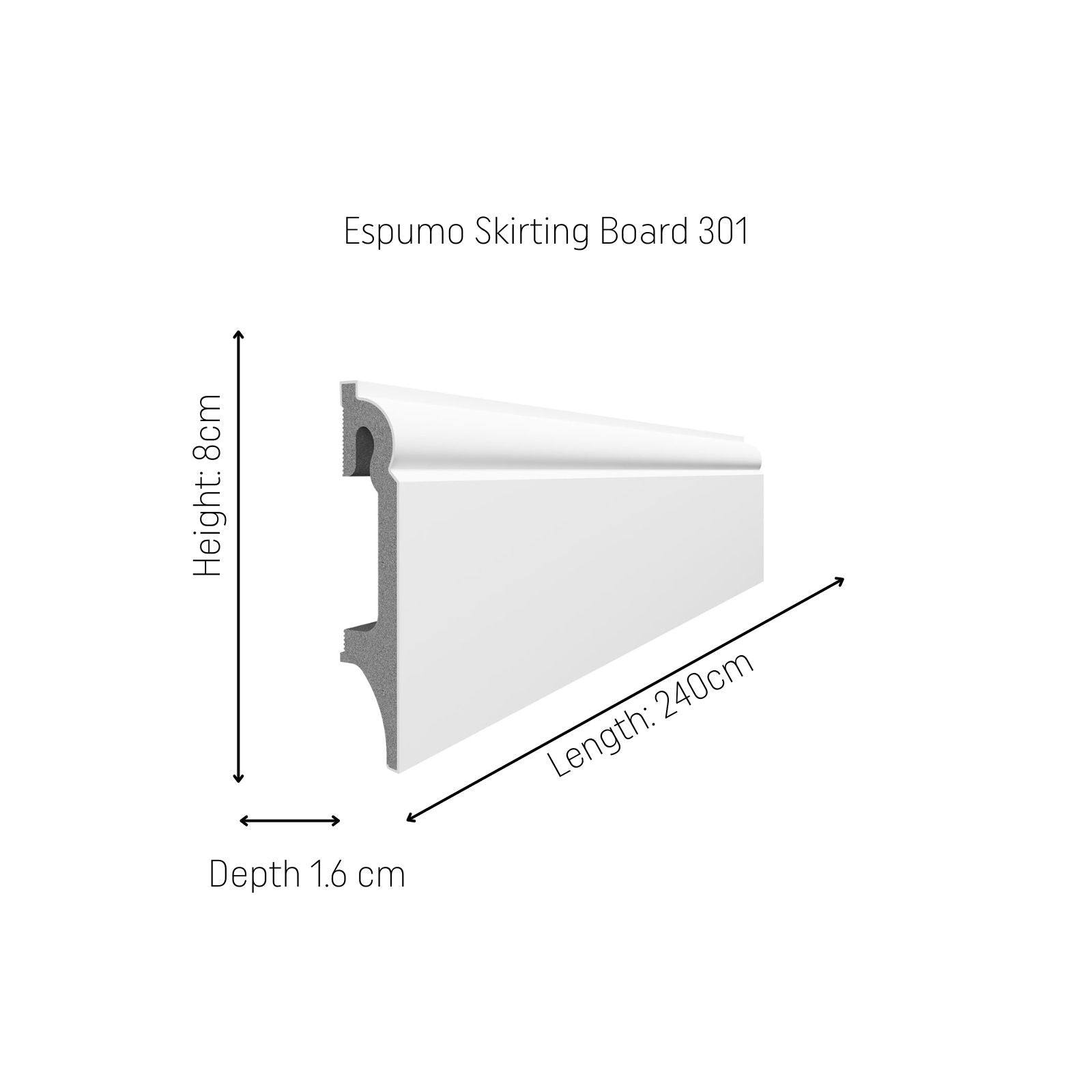 Espumo Skirting Board 301 - White Color 240cm Length X 8cm Height