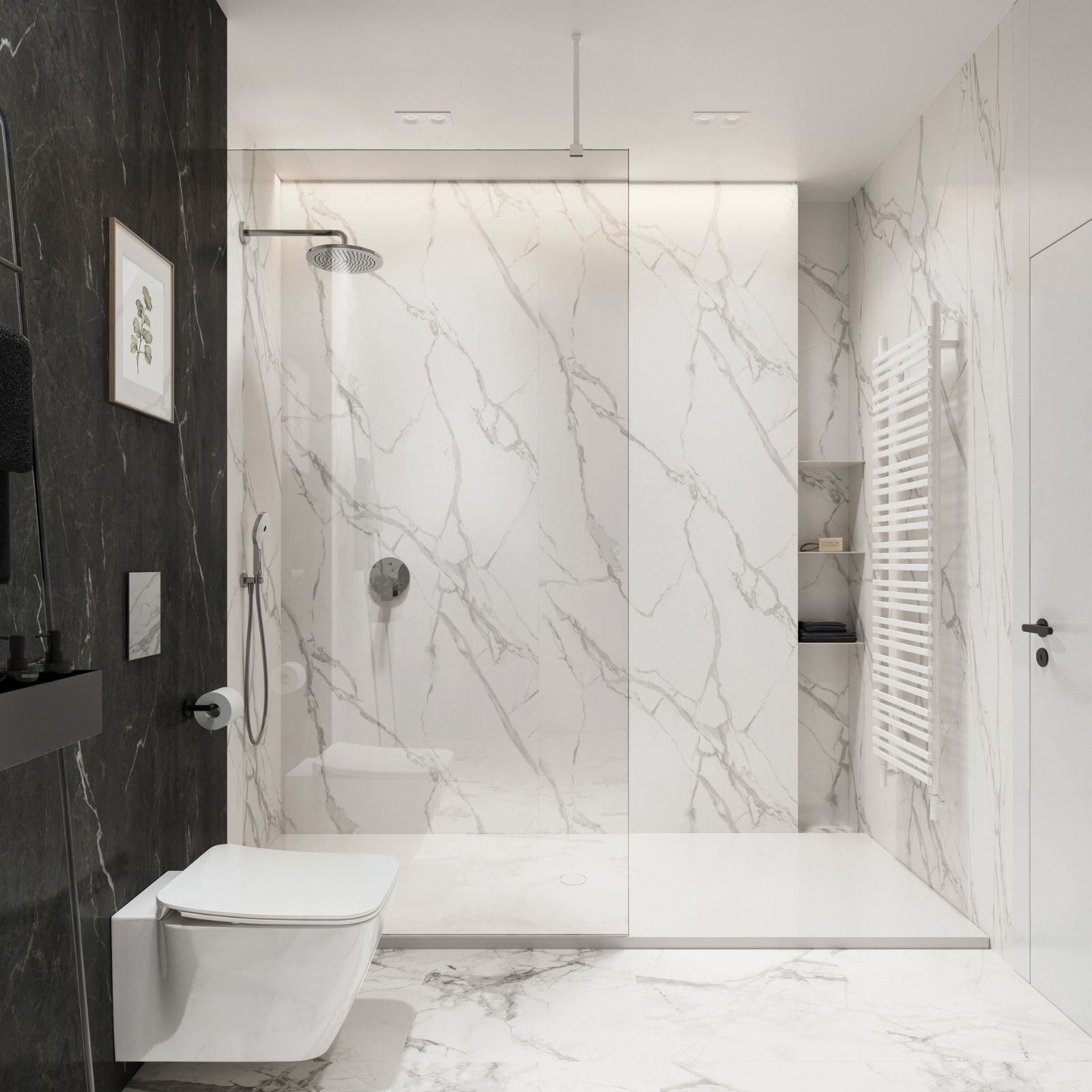 Luxury master bathroom in Dubai featuring Elegance Marble SPC large format wall panels.