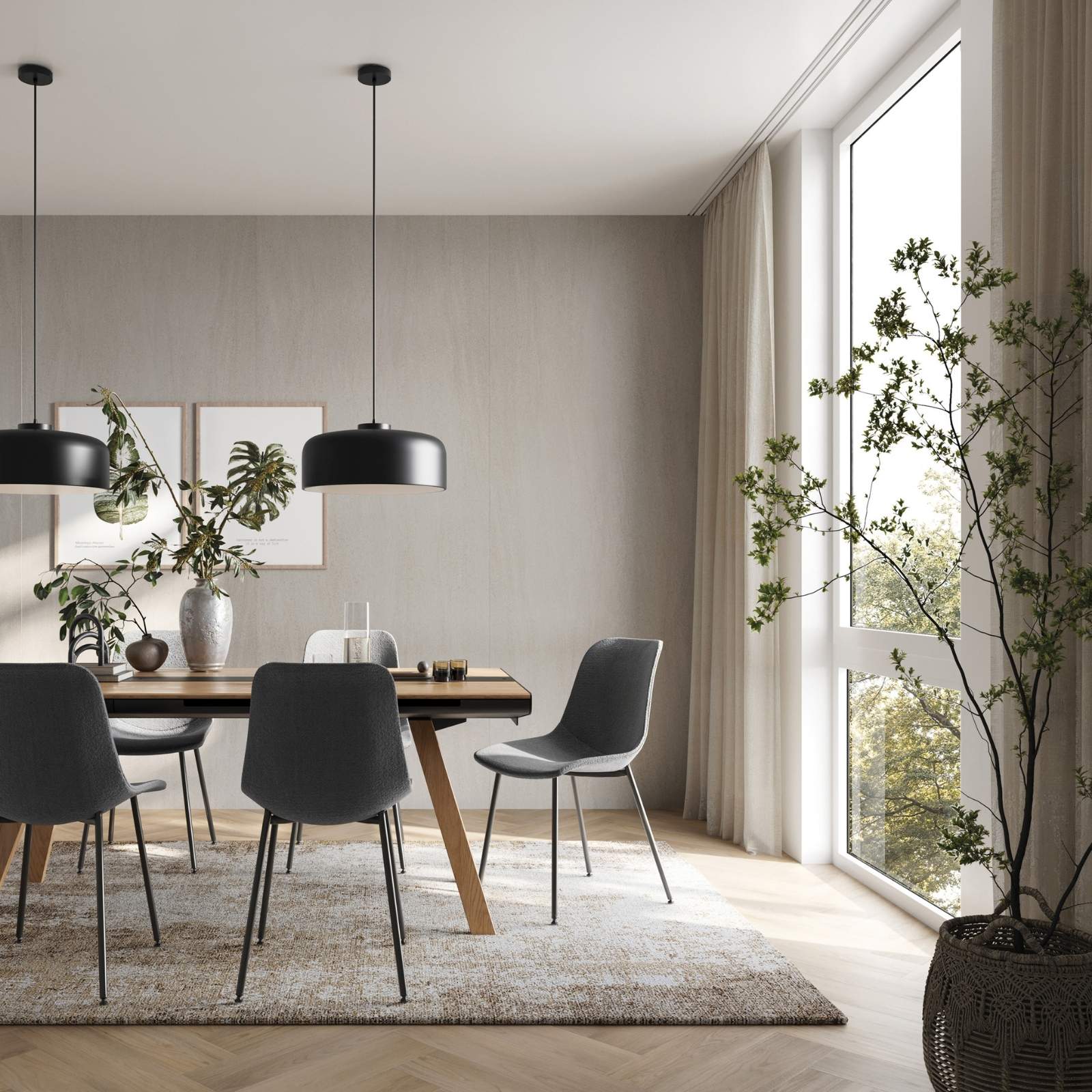 Modern Dining room in Dubai featuring Mineral Light Grey SPC large format panels.