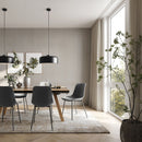 Modern dining room with gray chairs, wooden table, and large windows. Walls  are clad with Idevo SPC wall panels by VOX UAE which are a great product for both new construction and renovation projects