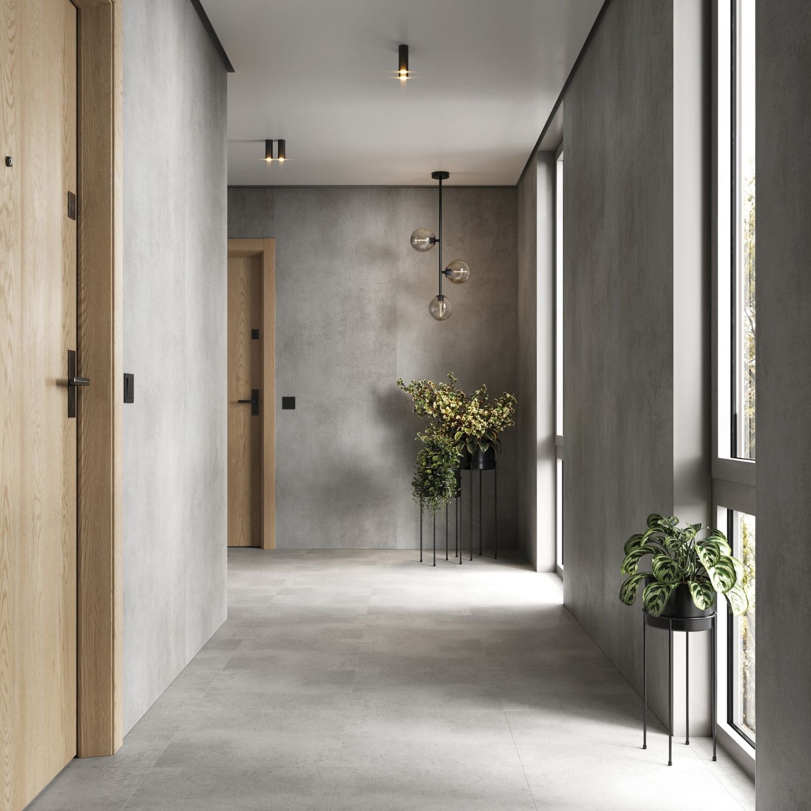 Modern interior hallway featuring Smokey Concrete SPC large format seamless wall decor