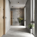 Modern interior hallway with concrete walls, wooden doors, and potted plants. Walls clad with Idevo SPC panels, which is a great product for both new buildings and renovation projects.