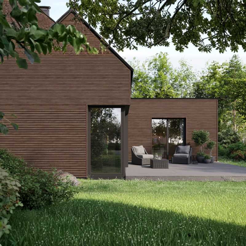 Solvo SO-03 Chocolate Oak dark wood-effect PVC cladding on a luxury UAE villa.