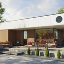 Solvo SO-03 Natural Oak three-band wood-effect PVC cladding installed on a modern retail space.