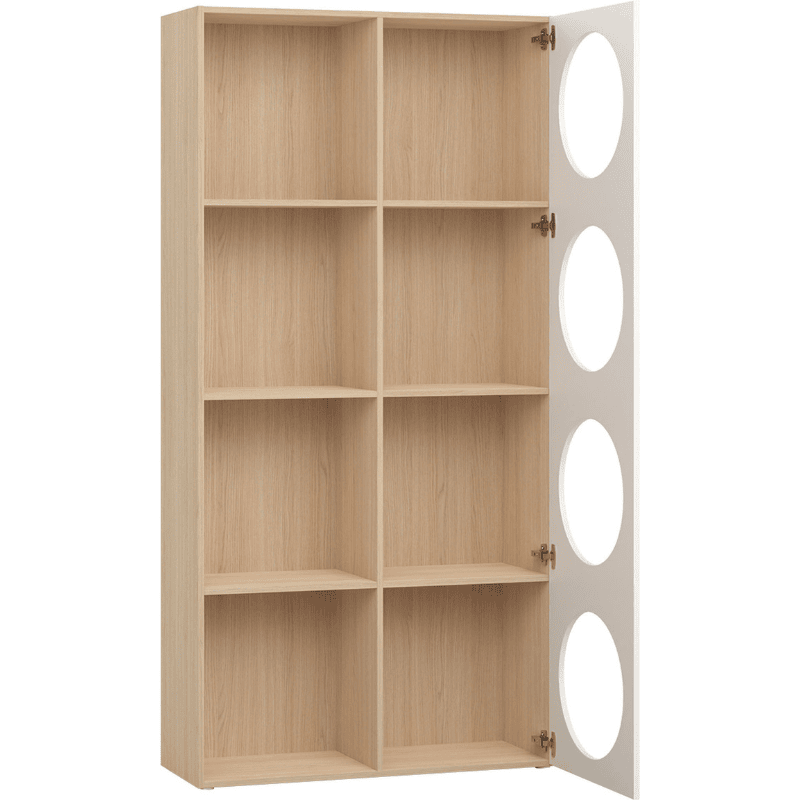 Wide Bookcase With 4 Round Cutouts & 4 Open Shelves Arrangement 6 – White Color