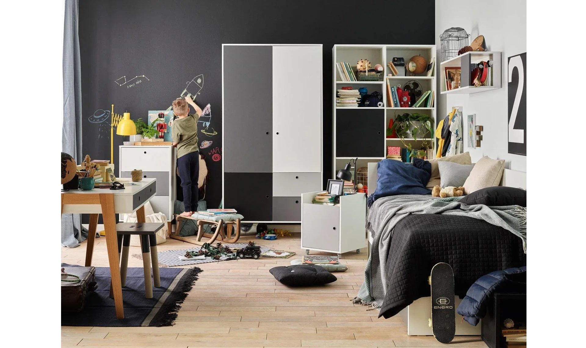 2 Door Wardrobe 100cm wide - Grey White & Black Color